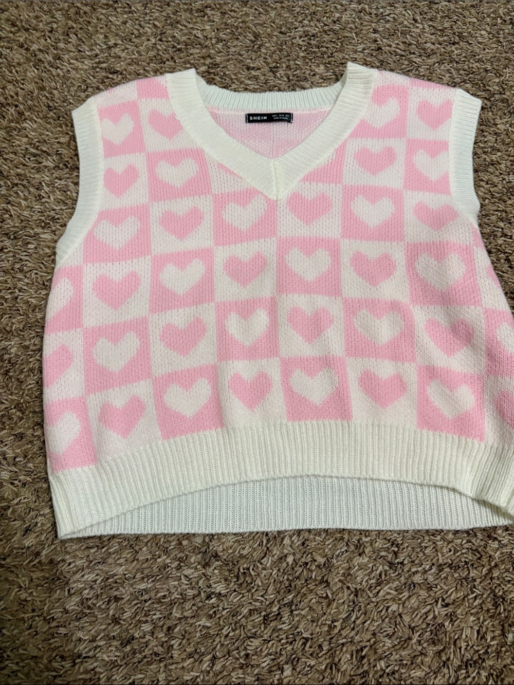SHEIN Pink and White Heart-Check V-Neck Sweater Vest